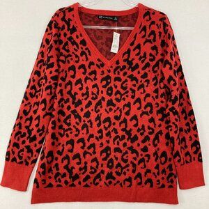 New York & Company Red and Black Leopard V-Neck Sweater